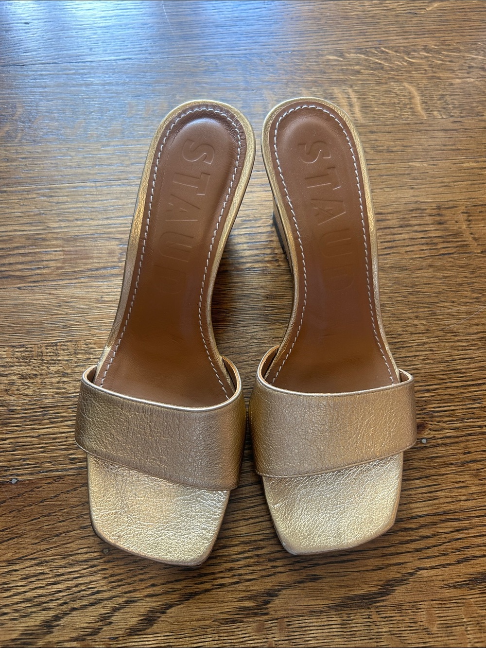 STAUD Metallic Gold Leather Slide Wedge Sandals 37 - Picture 2 of 4